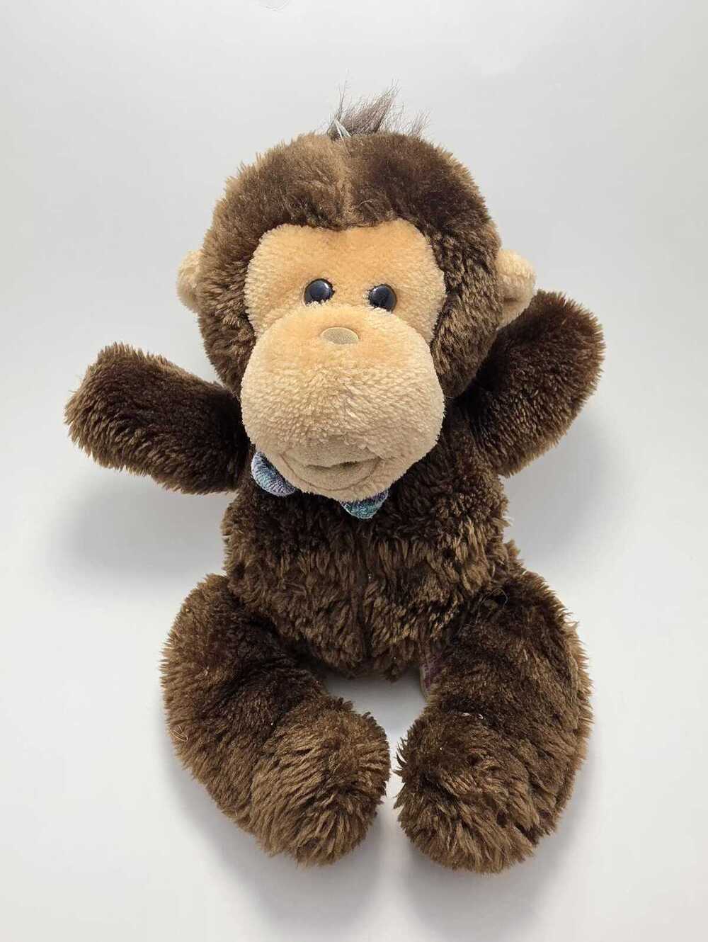 Vintage Dakin Brown Plush Monkey Blue Bow Tie Open Mouth (10 inch)